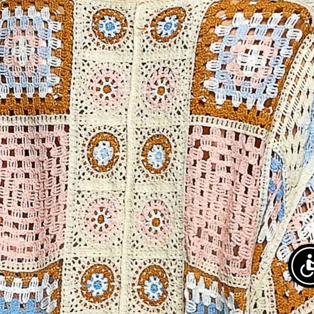 POL Pink, Ivory, Brown Crochet Granny Square Open Knit Cardigan. - Picture 3 of 6